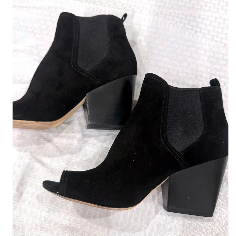 Tory Burch Black Suede Peep Toe Booties Women 8.5 Block Heel Chelsea Ankle Boots